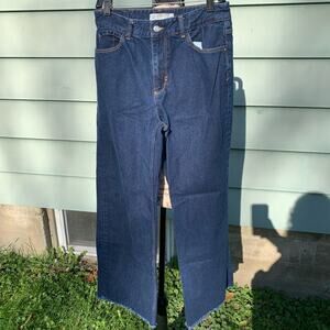 Zara Basic dark wash raw hem high rise wide leg blue jeans